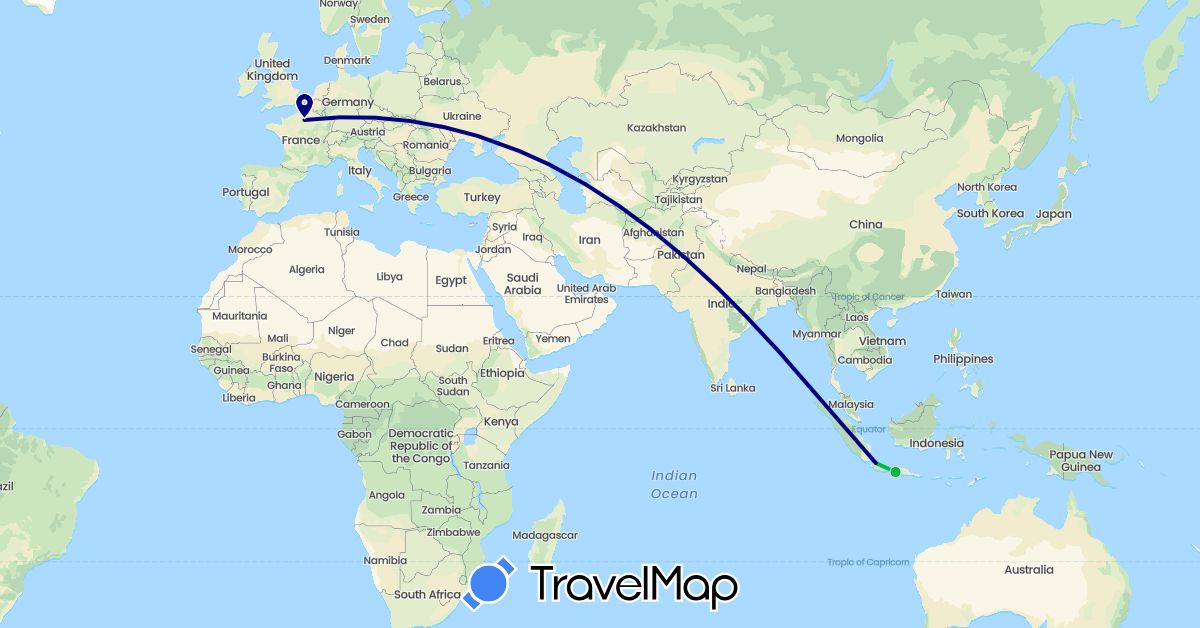 TravelMap itinerary: driving, bus in France, Indonesia (Asia, Europe)